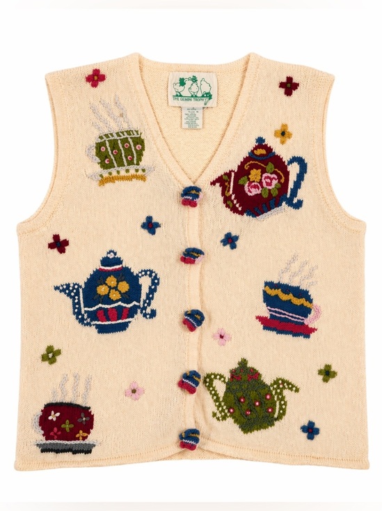 The Quaker Factory Jackets & Blazers - Vintage The Quaker Factory Teacup Tea Party Hand Knit Sweater Vest Size Small